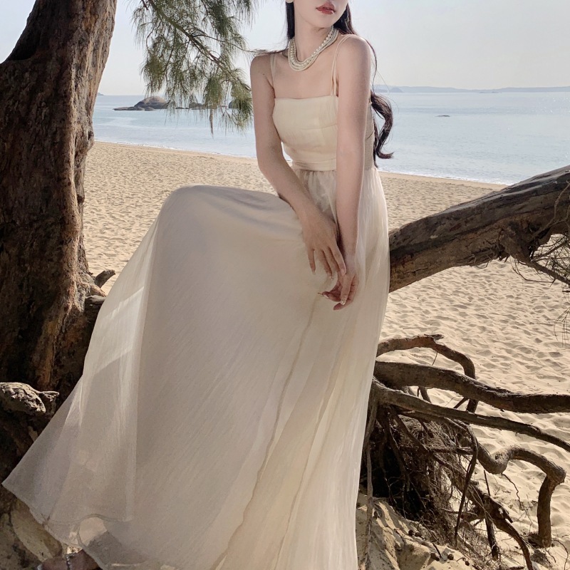 Đầm maxi 2 dây phong cách đơn giản tiểu thư Hàn Quốc, váy maxi 2 dây cúp ngực đi biển siêu xinh