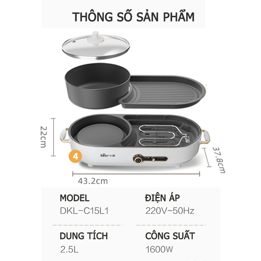 Bếp lẩu nướng 2 ngăn Bear, Nồi lẩu nướng 2 in 1, dung tích 3L 1600W – Hàng chính hãng bảo hành 6-18 tháng