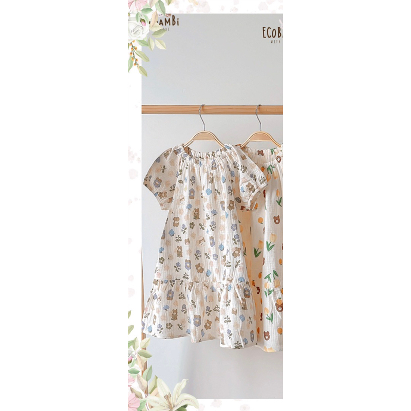Đầm cotton muslin dáng tay phồng bé gái ECOBAMBI Size : 3Y cho các bé từ 13- 16Kg