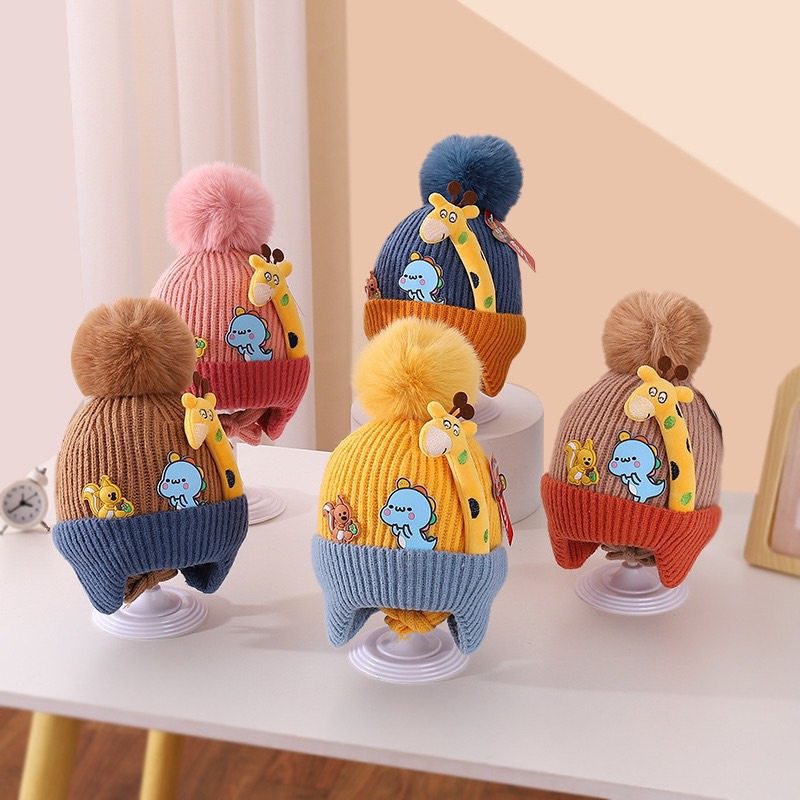 Mũ len quả bông hình hươu đáng yêu, mũ chùm tai lót nỉ ấm áp có dây buộc cho bé từ 1-5 tuổi 🌸free ship🌸