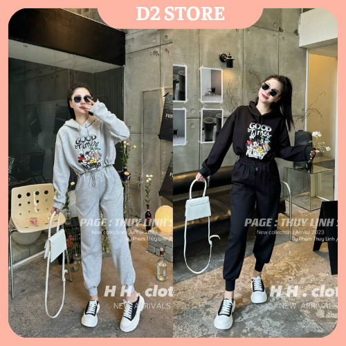 Set Bộ Đồ Nữ Mùa Đông Áo Hoodie Nỉ Nữ Hoạ Tiết Mix Quần Jogger Ống Rộng Chun Gấu Freesize