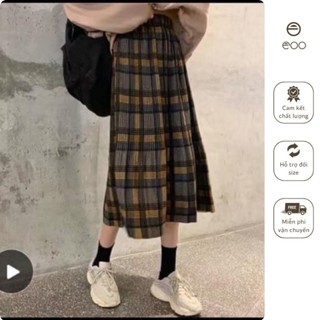 Chân váy dài dạ kẻ caro vintage chân váy xếp ly dài dáng xòe phong cách retro eooshop V05