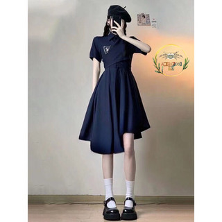 (Hàng cao cấp) Đầm xẻ tà chéo eo hack dáng xanh navy + ghim cài áo Quảng Châu
