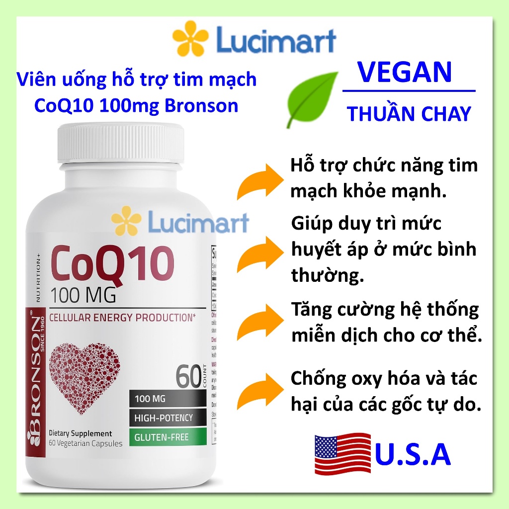 Viên uống hỗ trợ tim mạch CoQ10 100mg Bronson thuần chay [Hàng Mỹ]