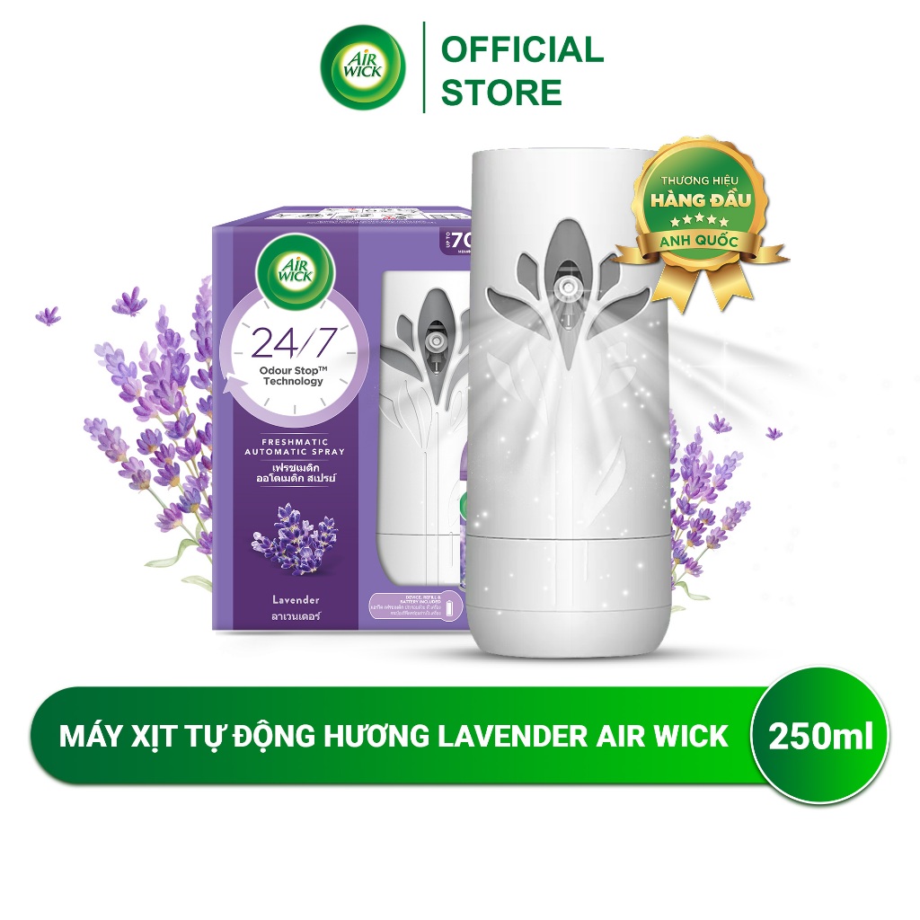 Máy xịt thơm phòng Air Wick, hương Lavender dịu nhẹ, ngát hương 24/7, thời gian phun lên đến 70 ngày, 250ml