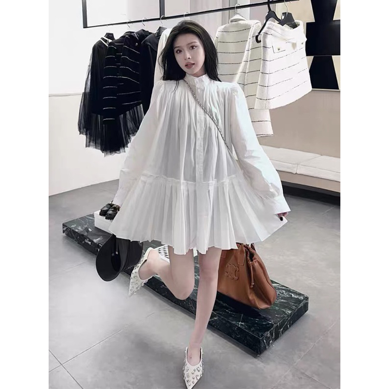 Váy Sơmi Thô Cổ Tàu Xếp Ly Dáng Babydoll, váy sơ mi siêu nhẹ nhàng cực hợp cho các nằng bánh bèo V08