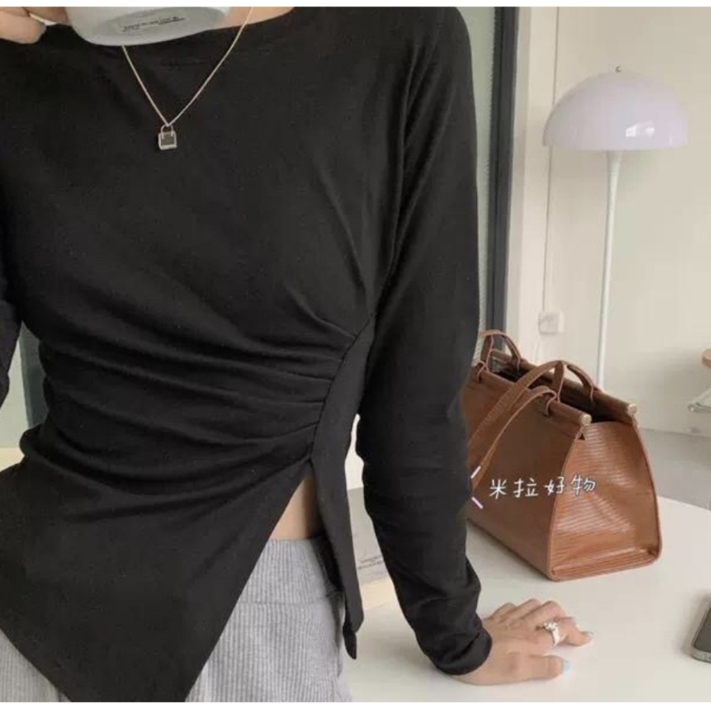 Áo thun vạt chéo nhún eo dài tay, chất cotton co dãn