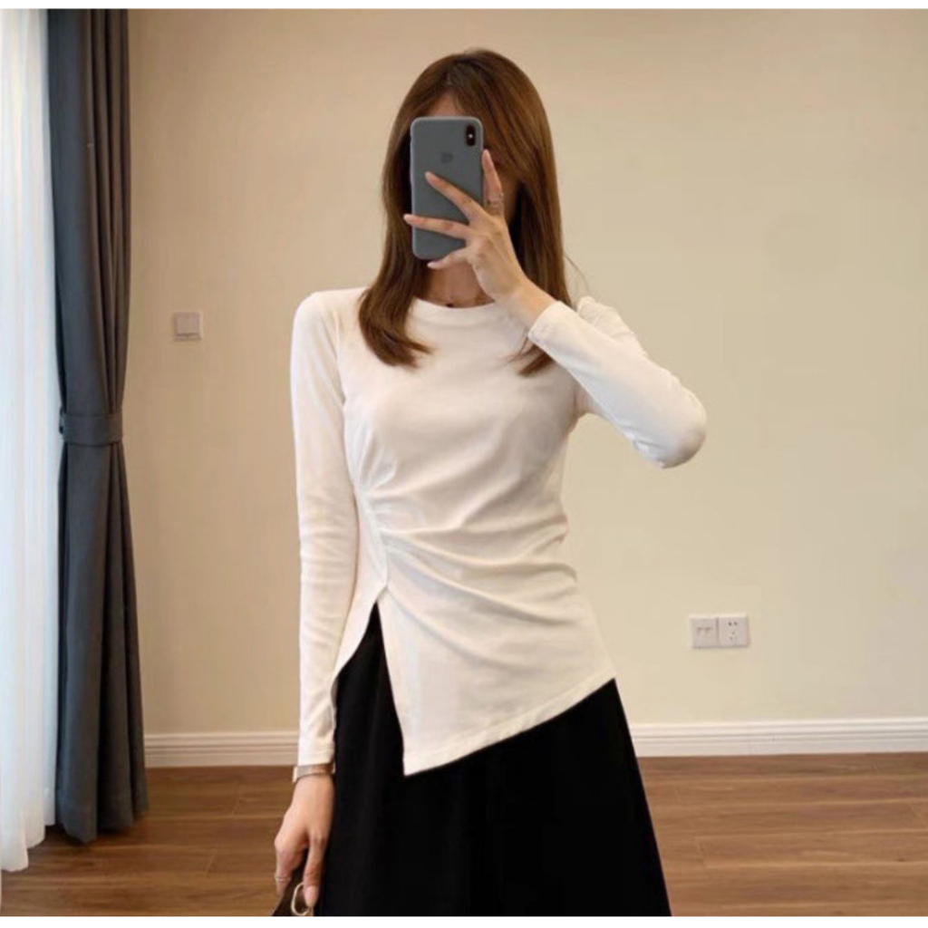 Áo thun vạt chéo nhún eo dài tay, chất cotton co dãn