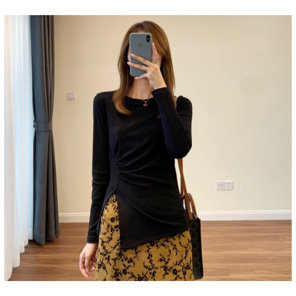 Áo thun vạt chéo nhún eo dài tay, chất cotton co dãn