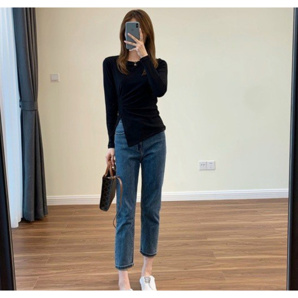 Áo thun vạt chéo nhún eo dài tay, chất cotton co dãn