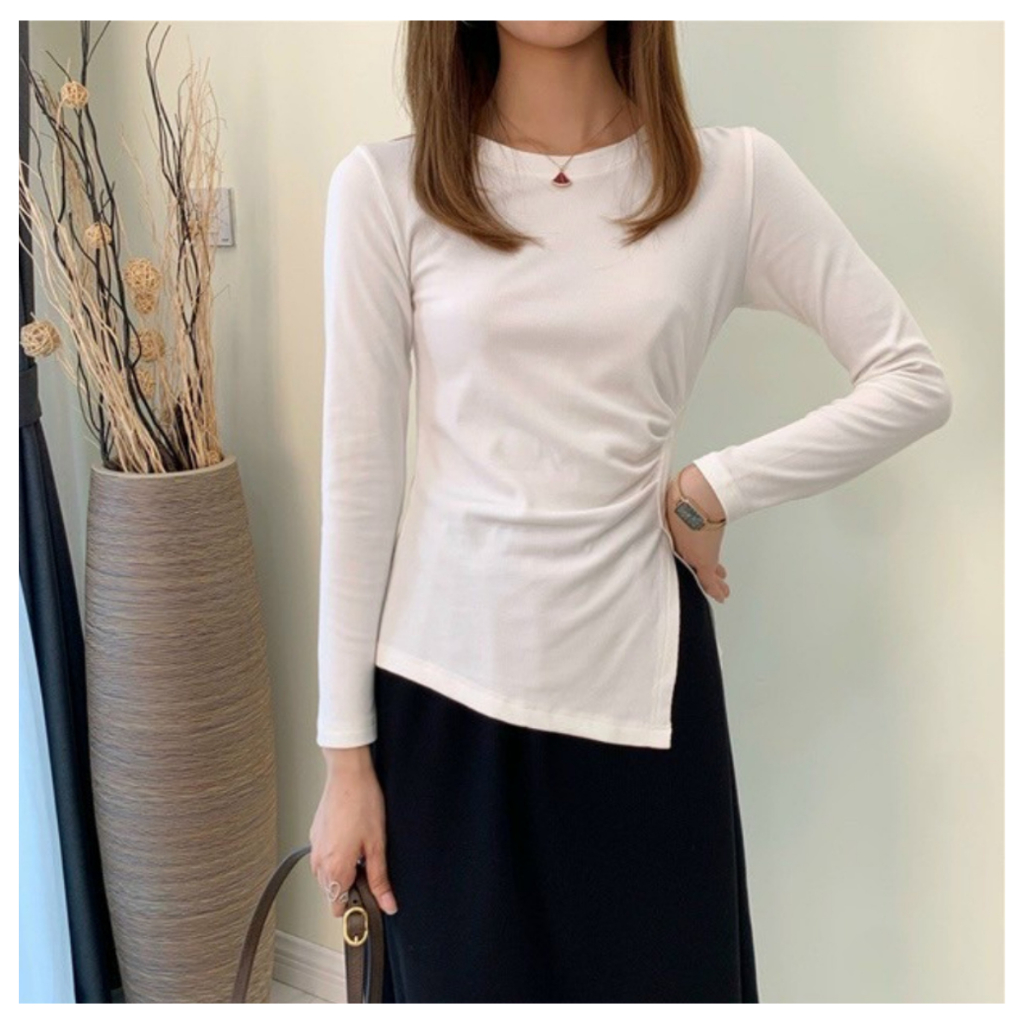Áo thun vạt chéo nhún eo dài tay, chất cotton co dãn
