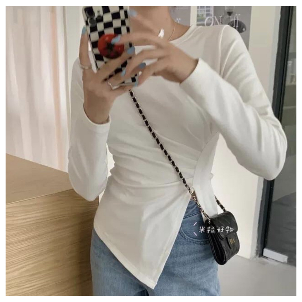 Áo thun vạt chéo nhún eo dài tay, chất cotton co dãn