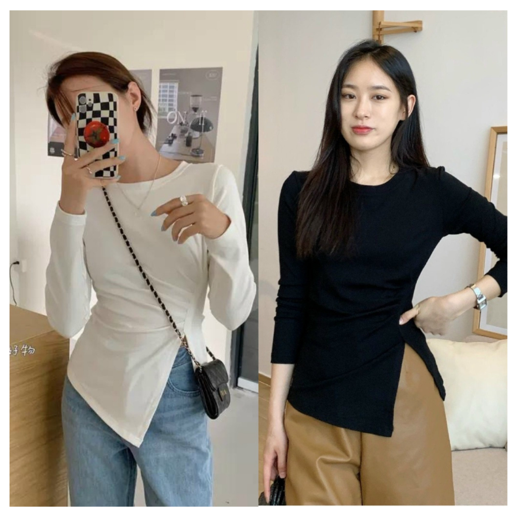 Áo thun vạt chéo nhún eo dài tay, chất cotton co dãn