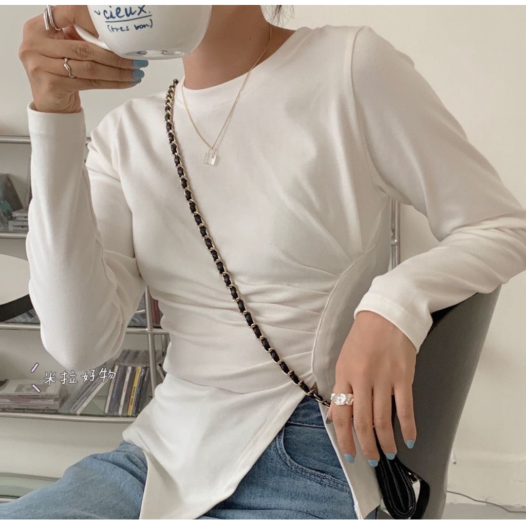 Áo thun vạt chéo nhún eo dài tay, chất cotton co dãn