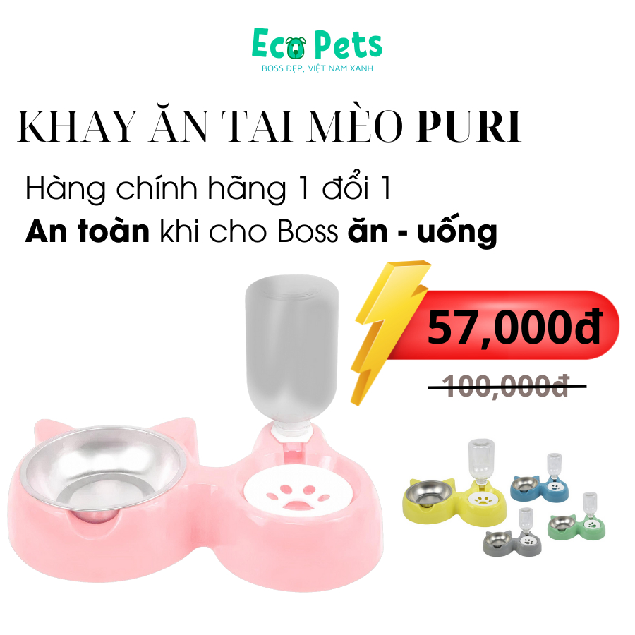 Bát ăn tự động ECOPETS khay ăn uống cho chó mèo khay ăn 2 ngăn tai mèo tiện lợi đáng yêu cho thú cưng