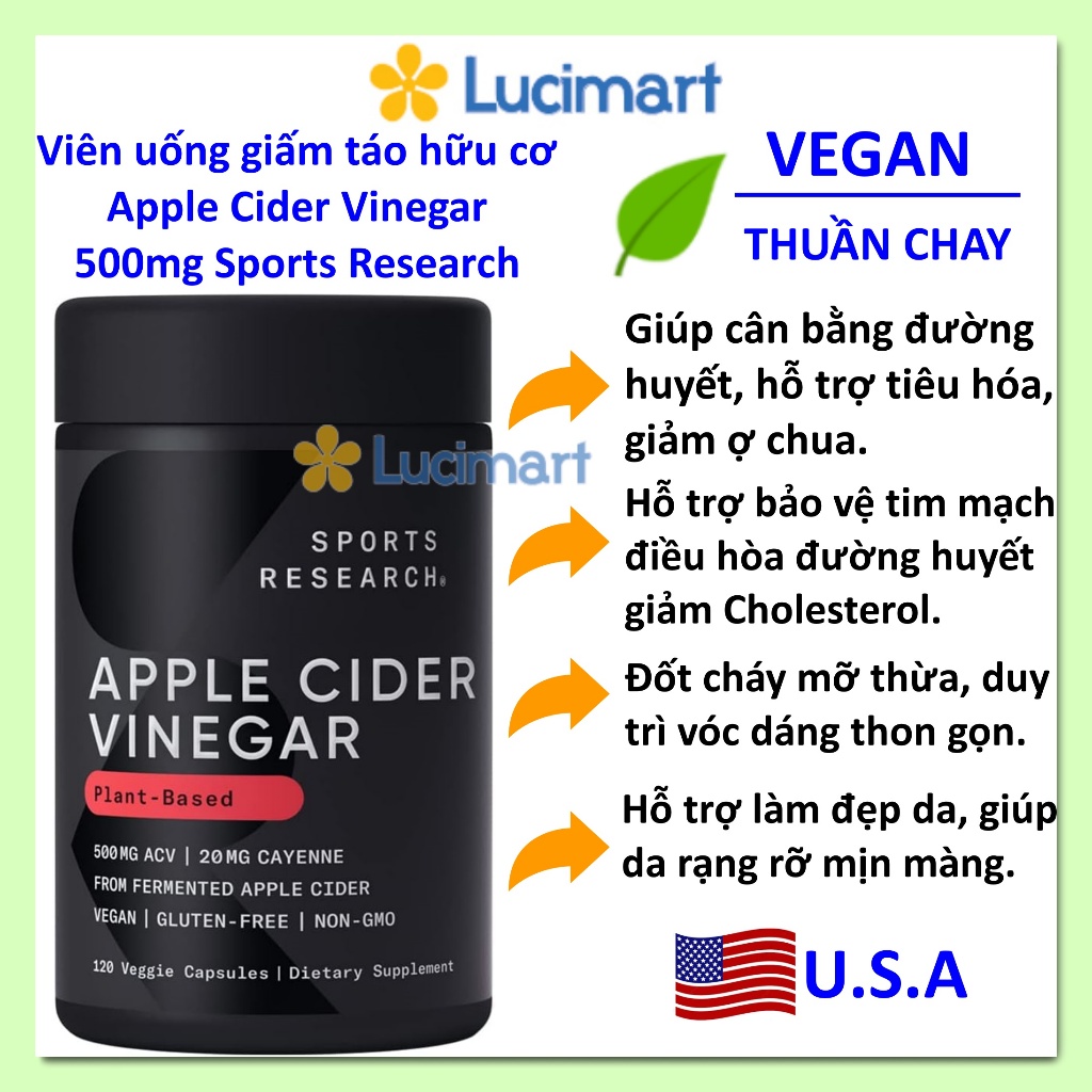 Viên uống giấm táo hữu cơ Apple Cider Vinegar 500mg Sports Research thuần chay