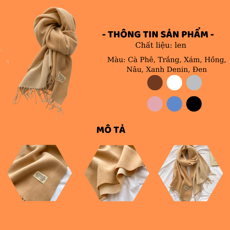 Khăn len trơn unisex, Khăn cashmere choàng cổ trơn phối tua rua đơn giản thời trang thu đông - 65x200cm - Mã LN138