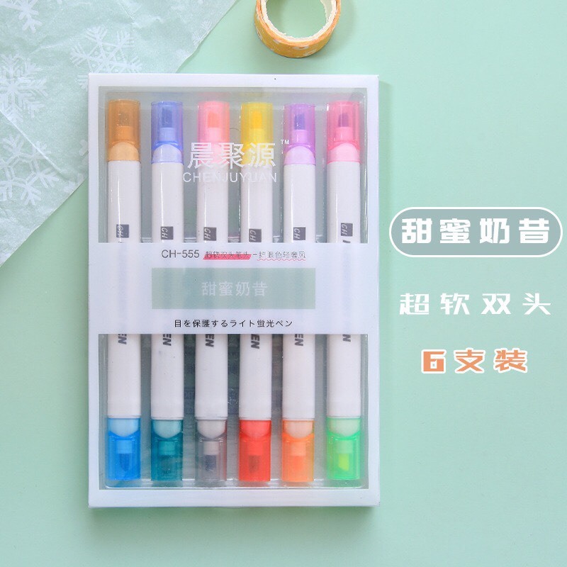 Set 6 Bút Nhớ Highlight 2 Đầu Đánh Dấu Màu Sắc Tươi Sáng -Kami Store
