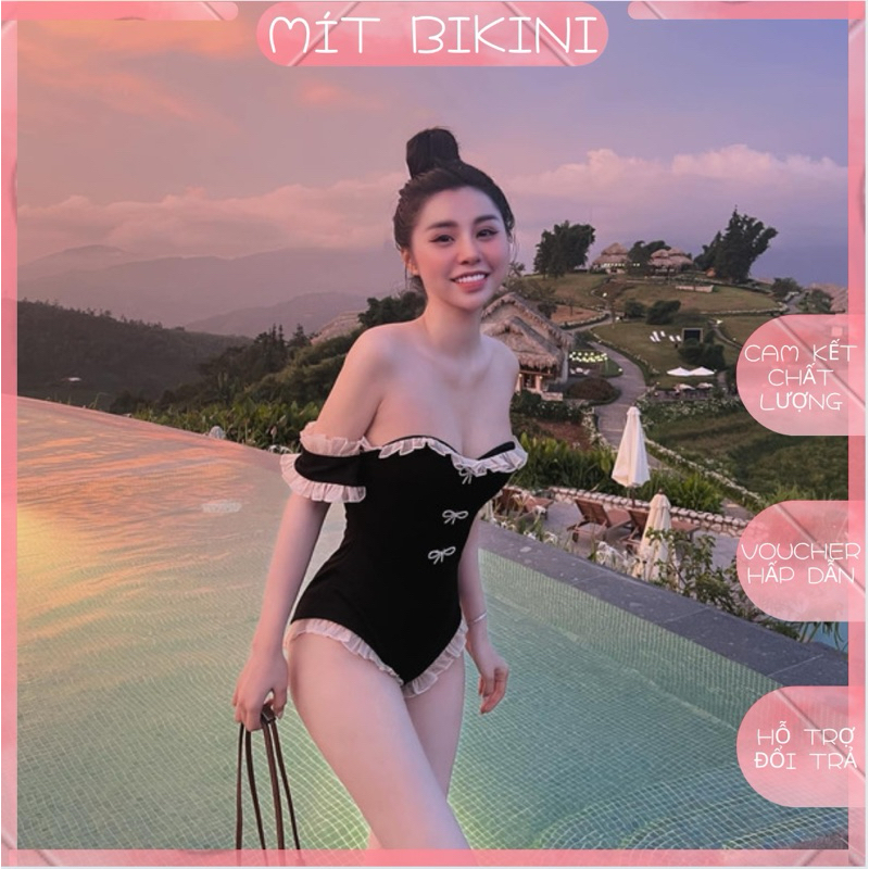 Bodysuit phối bèo ren trễ vai tang nơ đính đá