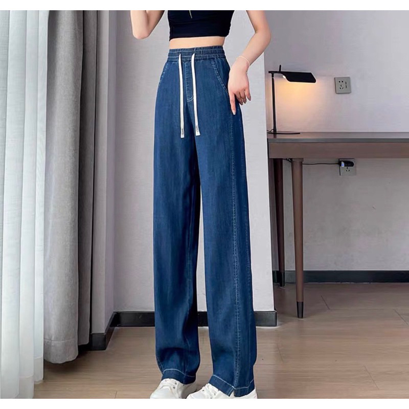 QUẦN BÒ JEANS NỮ ỐNG RỘNG LƯNG CAO DÂY THUN CO GIÃN THỜI TRANG