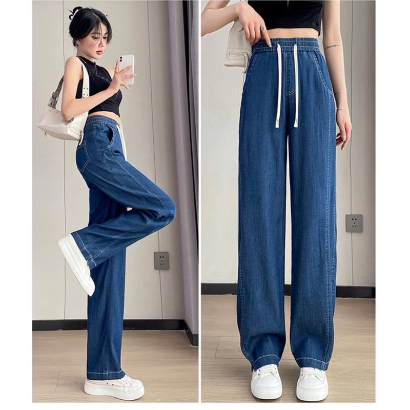 QUẦN BÒ JEANS NỮ ỐNG RỘNG LƯNG CAO DÂY THUN CO GIÃN THỜI TRANG