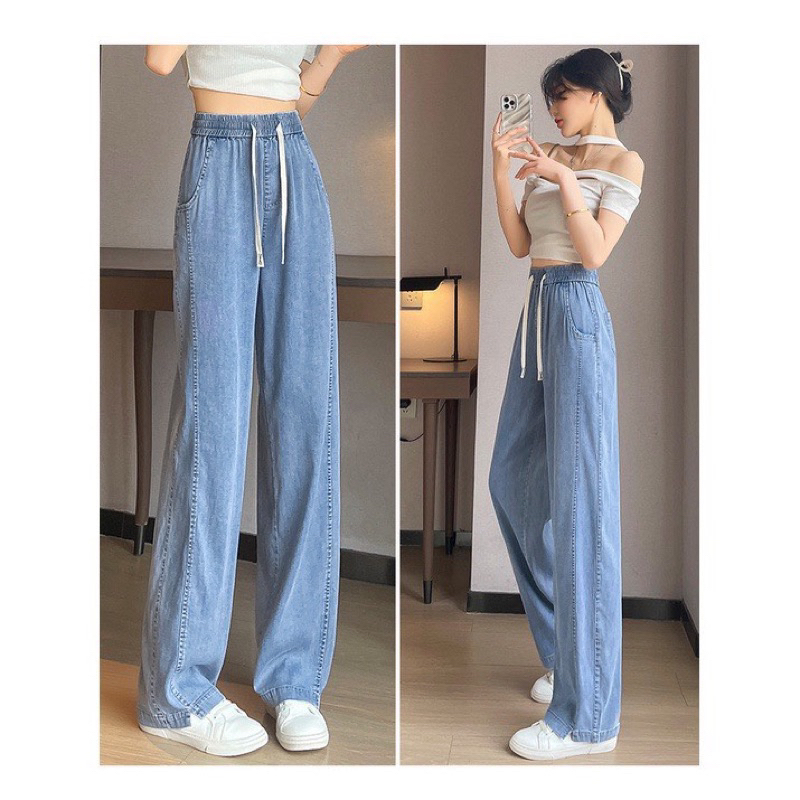 QUẦN BÒ JEANS NỮ ỐNG RỘNG LƯNG CAO DÂY THUN CO GIÃN THỜI TRANG