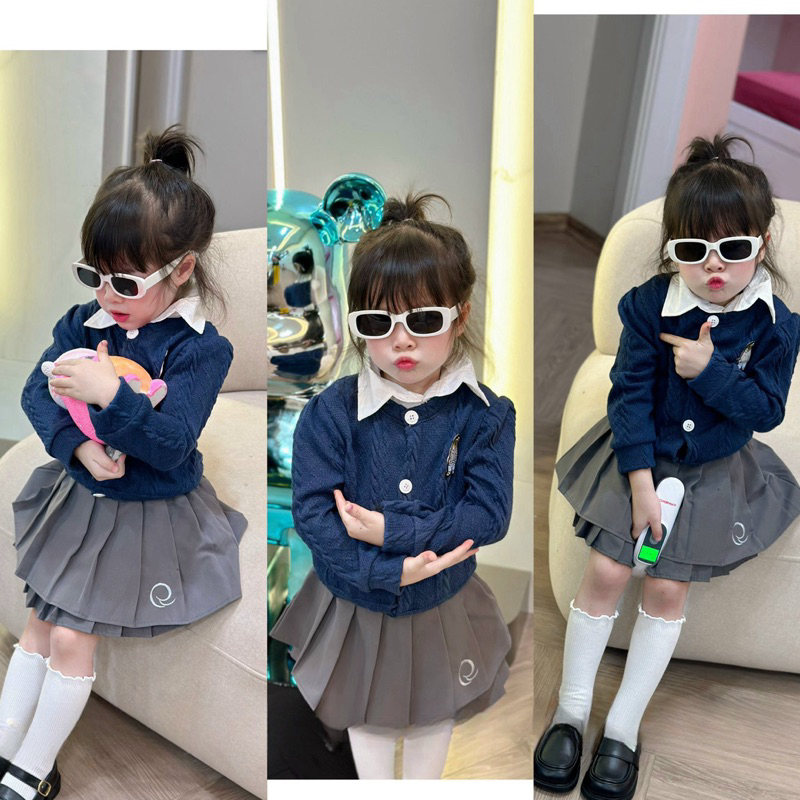 Váy bé gái, set 3ct: áo len thừng mềm hình gấu Polo, cổ sơ mi và chân váy xếp ly cho bé 12-30kg