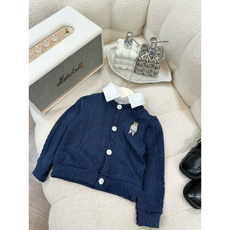 Váy bé gái, set 3ct: áo len thừng mềm hình gấu Polo, cổ sơ mi và chân váy xếp ly cho bé 12-30kg