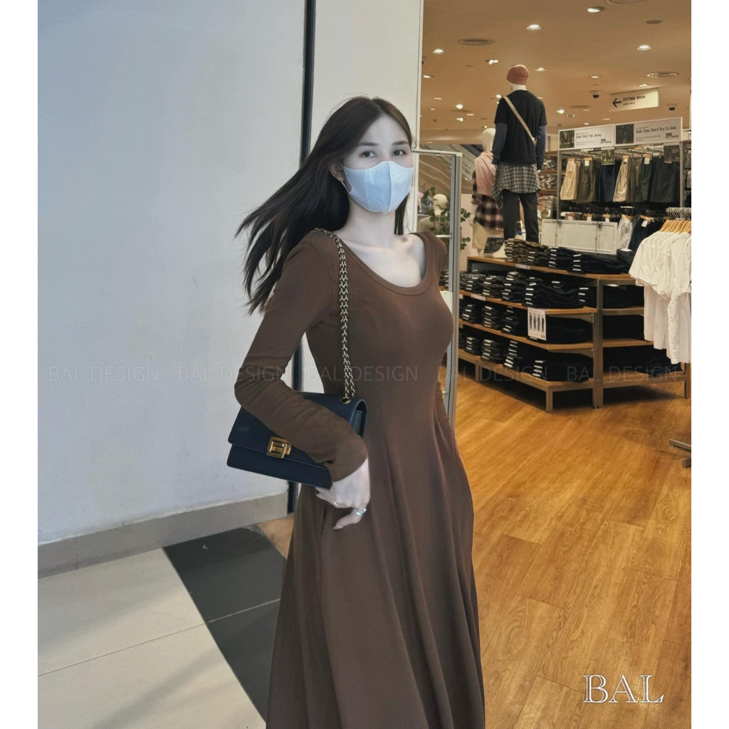 Váy thun body cổ U tròn dáng xoè màu nâu siêu tôn da