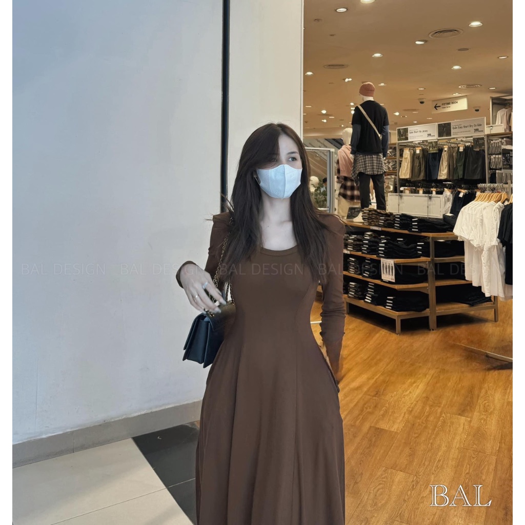 Váy thun body cổ U tròn dáng xoè màu nâu siêu tôn da