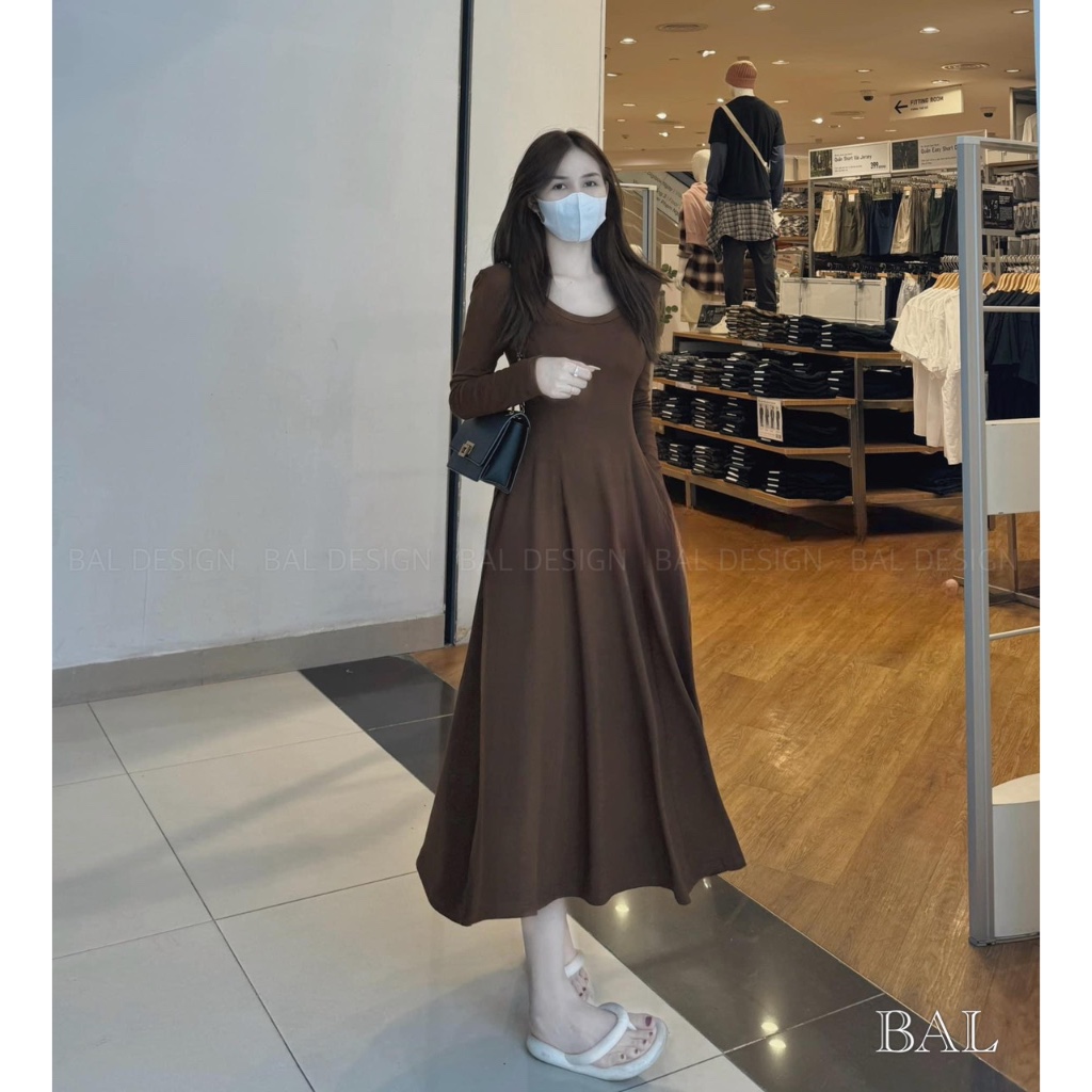 Váy thun body cổ U tròn dáng xoè màu nâu siêu tôn da