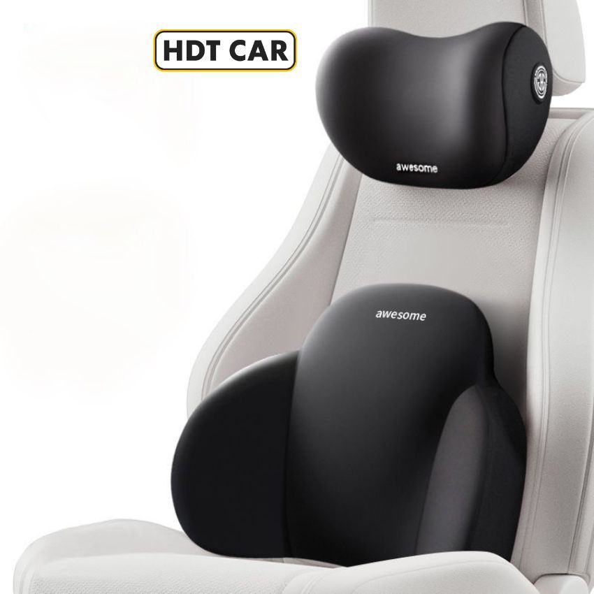 Bộ Tựa Đầu Tựa Lưng Cao Su Non AWESOME Nguyên Khối, Gối Tựa Đầu Tựa Lưng Ô Tô Vỏ Bọc Vải Cotton Khôn