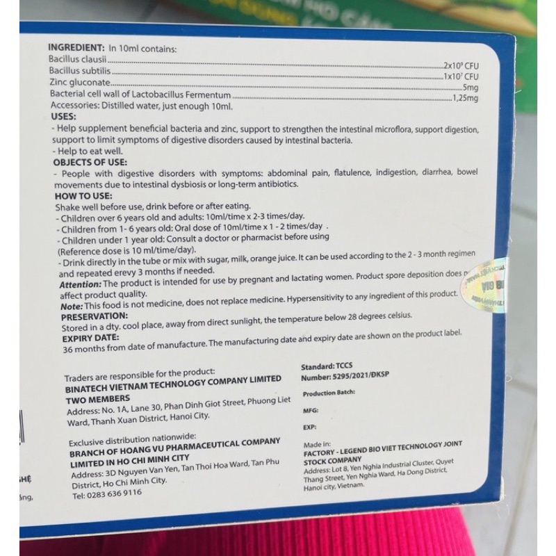 Men Vi Sinh BINA PRO H/20 ống