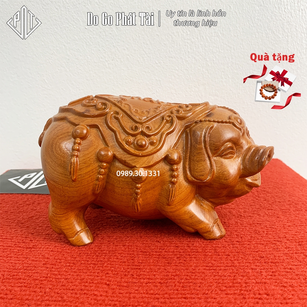 Tượng Heo ( Lợn ) trạm chữ Phát Tài phong thủy gỗ Hương nguyên khối phù hợp đặt trên tủ kệ phòng ban thần tài dài 20cm