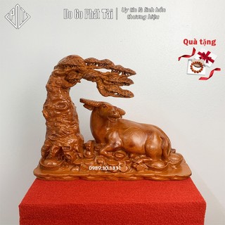 Tượng gỗ Trâu ngự gốc Tùng gỗ Hương hàng siêu đẹp ngang 40 cao 30