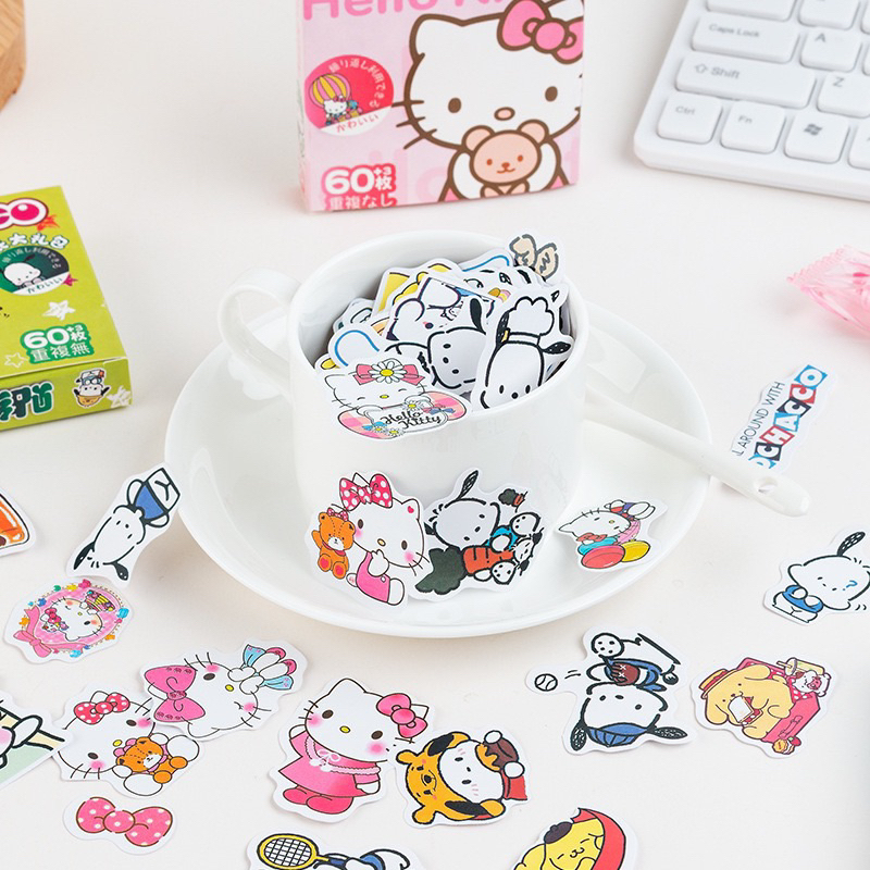 Hộp 63 Sticker hình dán nhãn dán trang trí hoạt hình Sanrio Kuromi Melody Cinnamoroll Kitty Pochacco Pompurin dễ thương