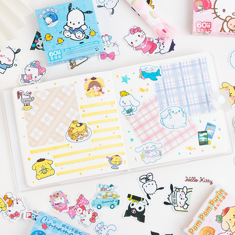 Hộp 63 Sticker hình dán nhãn dán trang trí hoạt hình Sanrio Kuromi Melody Cinnamoroll Kitty Pochacco Pompurin dễ thương