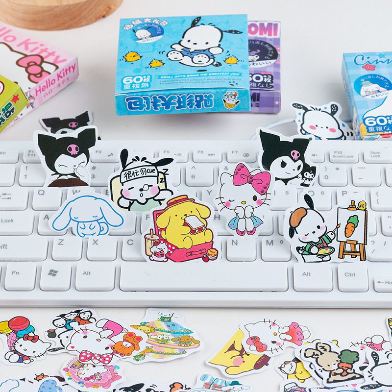 Hộp 63 Sticker hình dán nhãn dán trang trí hoạt hình Sanrio Kuromi Melody Cinnamoroll Kitty Pochacco Pompurin dễ thương