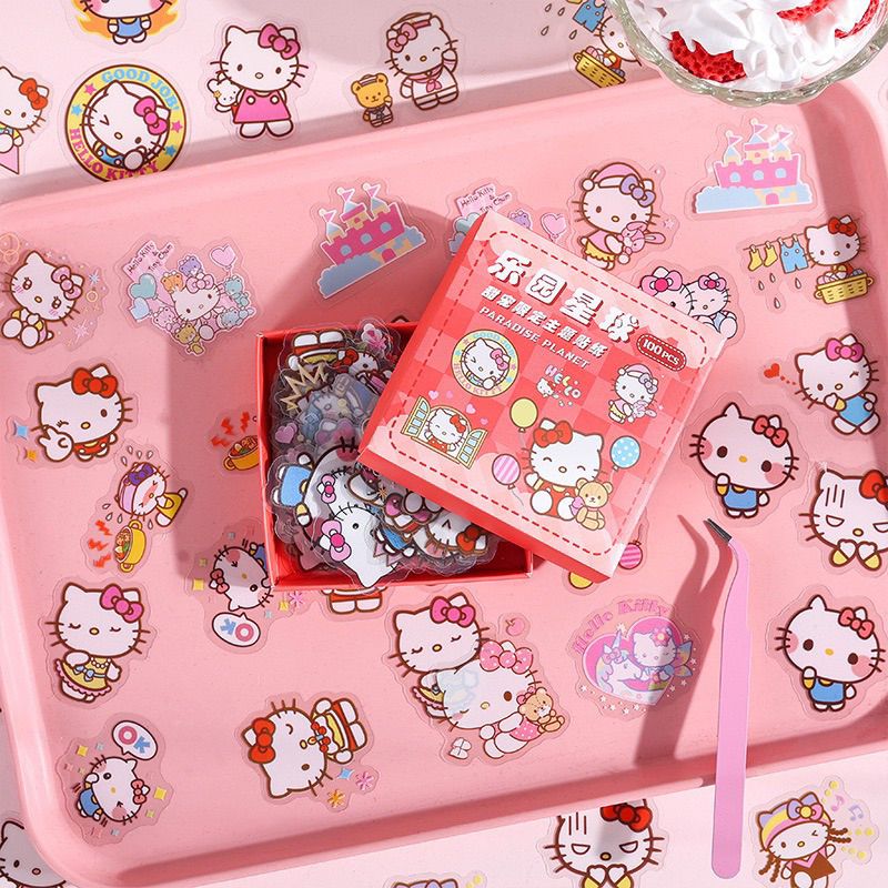 Hộp 100 Sticker hình dán nhãn dán PVC chống thấm nước hoạt hình Sanrio Kuromi Melody Cinnamoroll Kitty Pompurin Losto