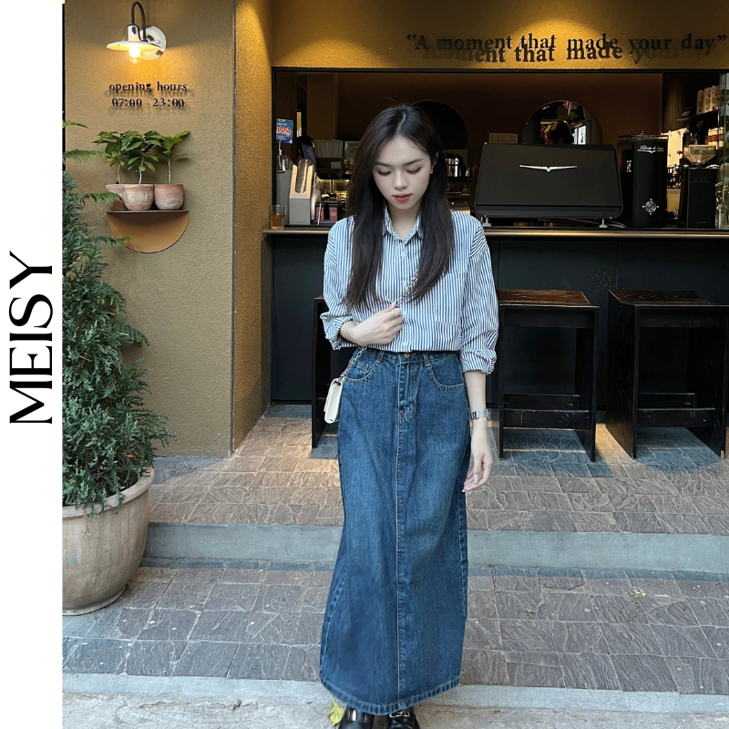 Chân váy jean bò xẻ tà sau dáng dài chữ A V10