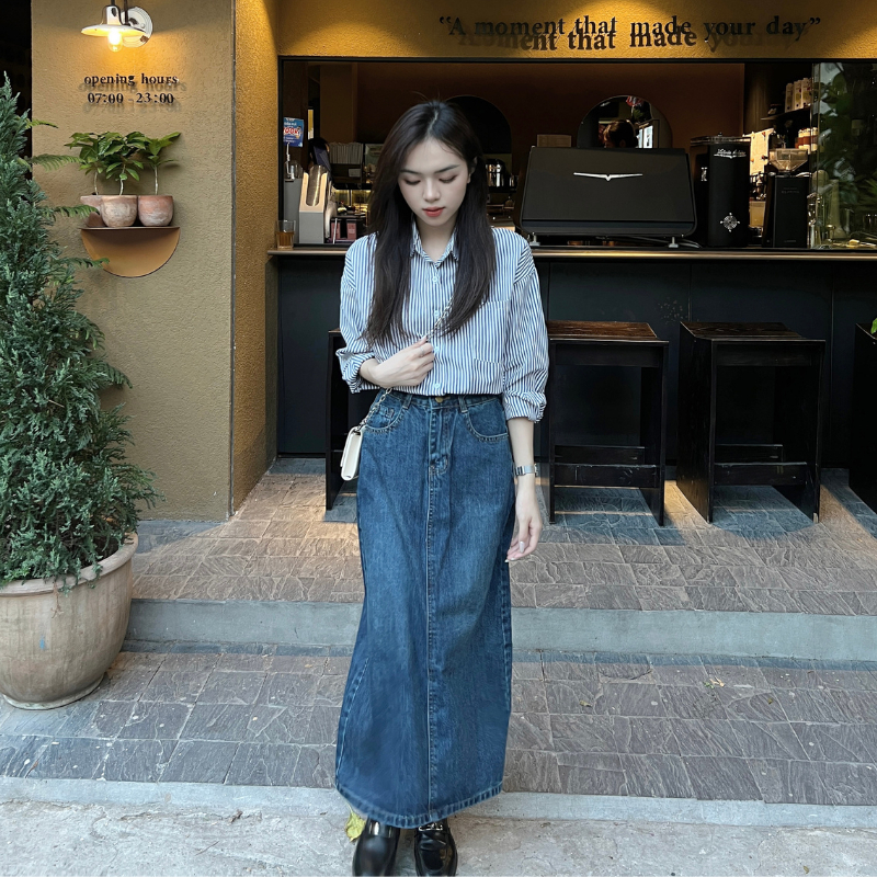 Chân váy jean bò xẻ tà sau dáng dài chữ A V10