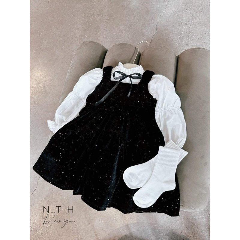 Váy bé gái,Sét áo sơ mi - váy yếm nhung cho bé 10 đến 30kg