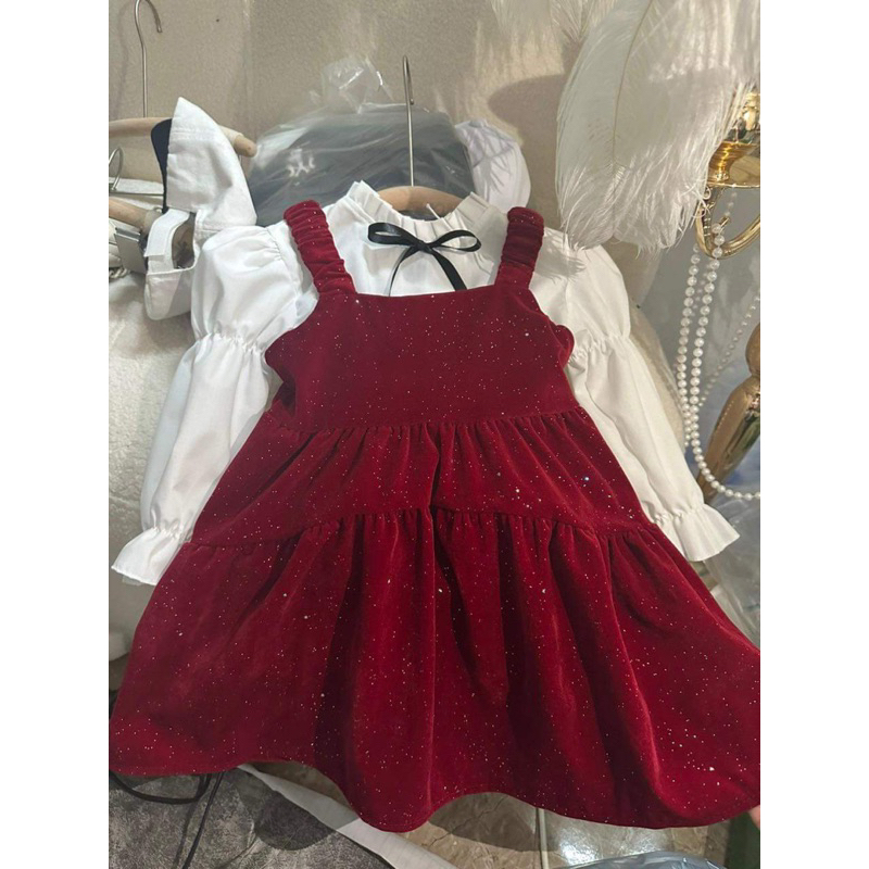 Váy bé gái,Sét áo sơ mi - váy yếm nhung cho bé 10 đến 30kg