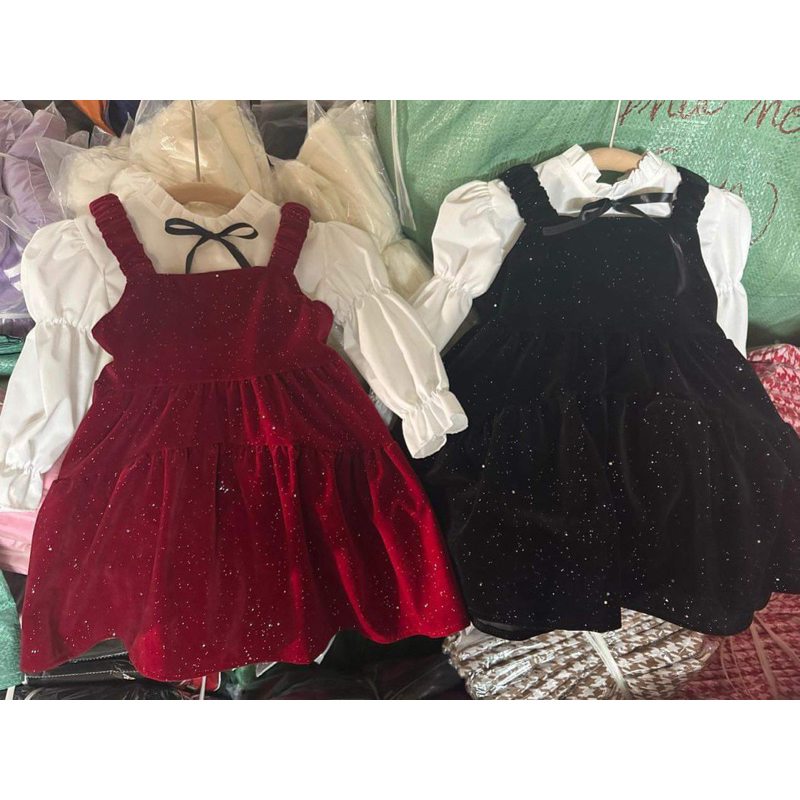 Váy bé gái,Sét áo sơ mi - váy yếm nhung cho bé 10 đến 30kg