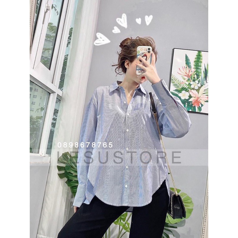 Áo sơ mi oversize sọc trending xuất dư - Oversized Striped High-Low Shirt
