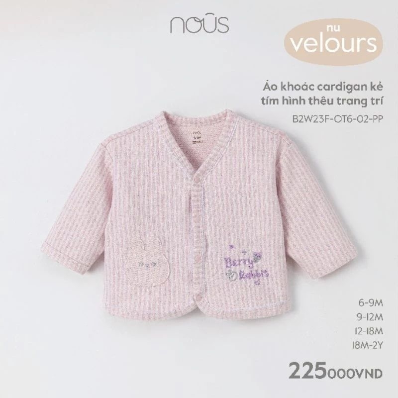 Áo khoác cardigan Nous kẻ tím, kẻ xanh thêu trang trí chất liệu Nu Velours thấm hút tốt cho bé 6m-24m