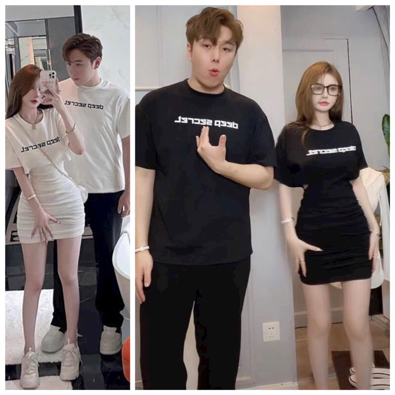 Váy thun đôi nam nữ cổ tròn trống lưng khoét eo tôn dáng in chữ dễ thương