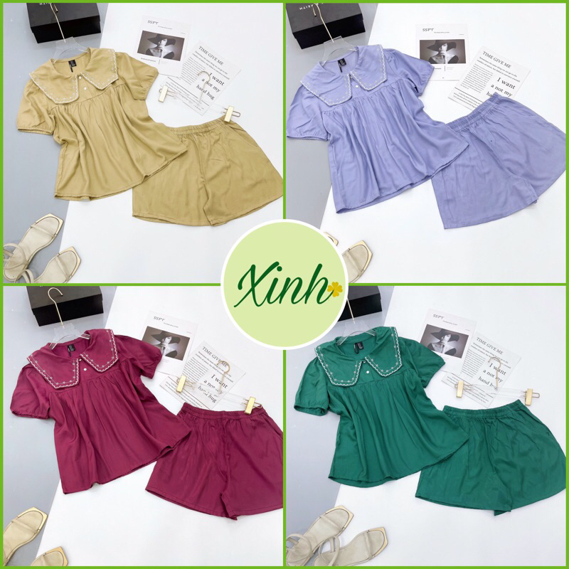 Bộ Tole Lanh Nữ Mặc Nhà, Set Trang Phục, Bộ Đùi Áo Thuỷ Thủ Thêu Thiết Kế  doboxinh