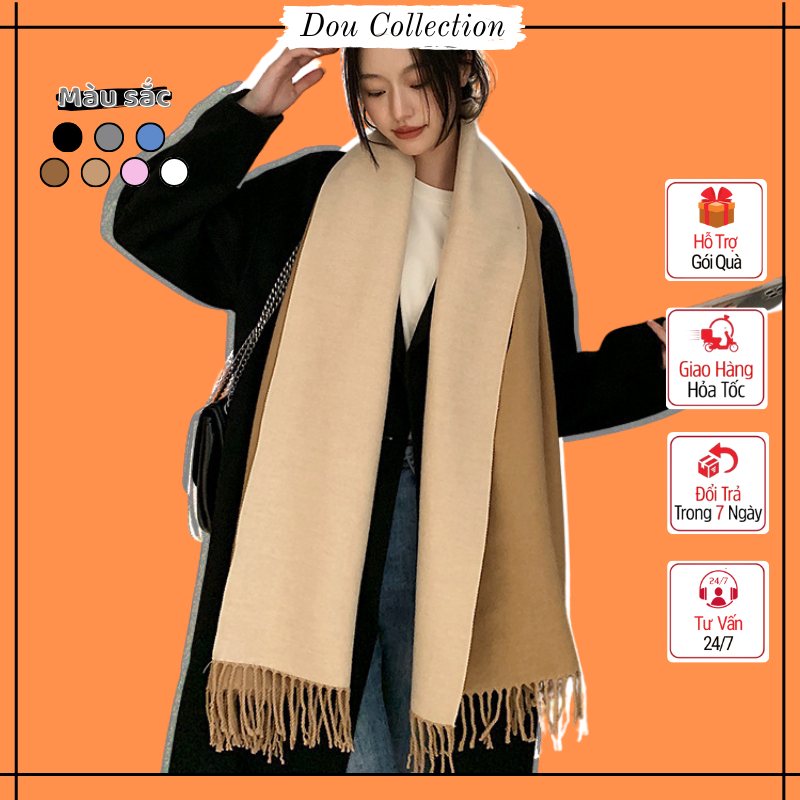 Khăn len trơn unisex, Khăn cashmere choàng cổ trơn phối tua rua đơn giản thời trang thu đông - 65x200cm - Mã LN138