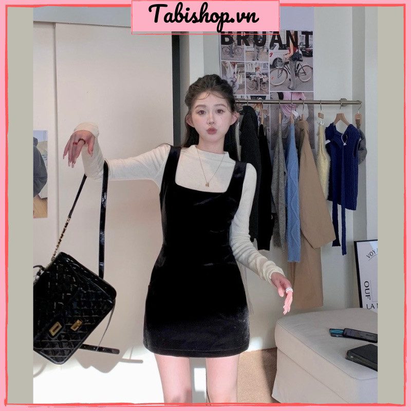 Set yếm nhung mix áo tay dài cổ lọ TABISHOP Set đồ nữ dễ thương basic phong cách Hàn Quốc đơn giản trẻ trung hottrend